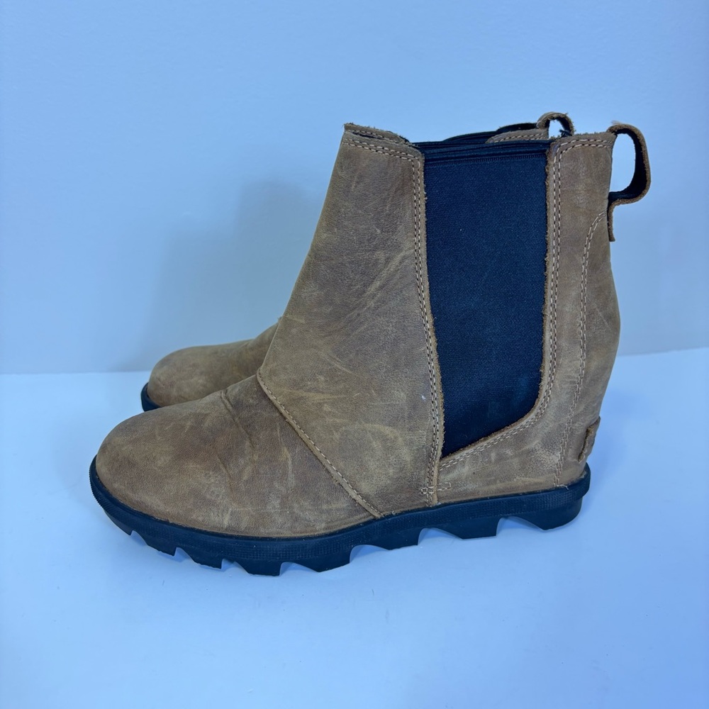 Sorel Tan Leather Ankle Wedge Booties with Black Elastic Women’s 6